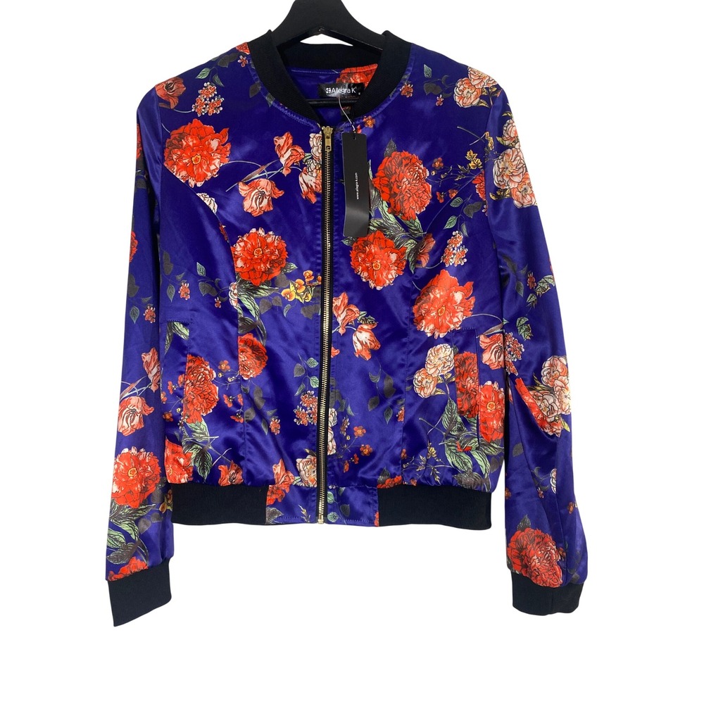 Allegra K Bomber Jacket Womens Medium Blue New Floral Satin Zip Up Lightweight